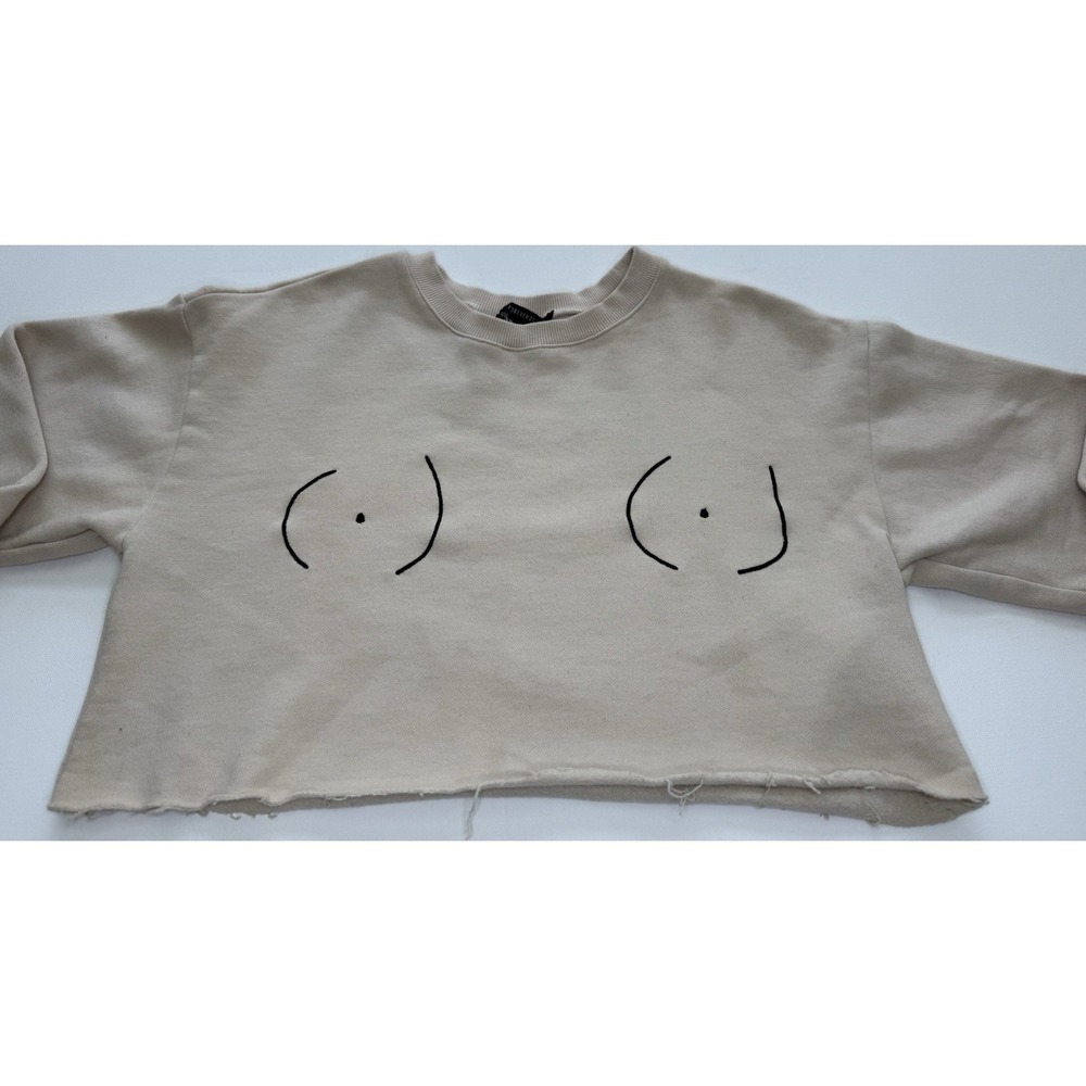 FOREVER 21 Cropped Beige Graphic Embroidered Pullover Sweatshirt Raw Hem S